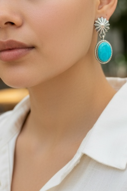 Solitaire - Turquoise and Sterling Silver - Drop Earrings - E. Richards - Handcrafted Native American