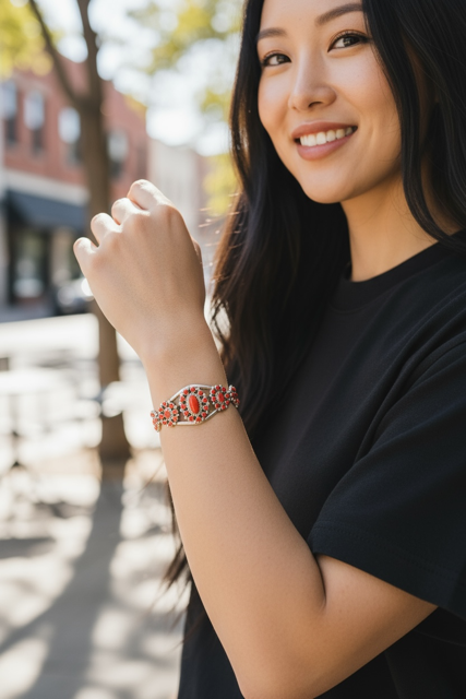 Women's Red Coral and Sterling Silver Cuff - Handcrafted Native American