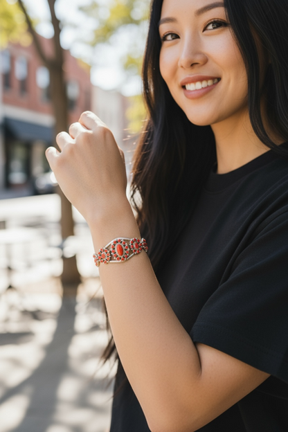 Women's Red Coral and Sterling Silver Cuff - Handcrafted Native American