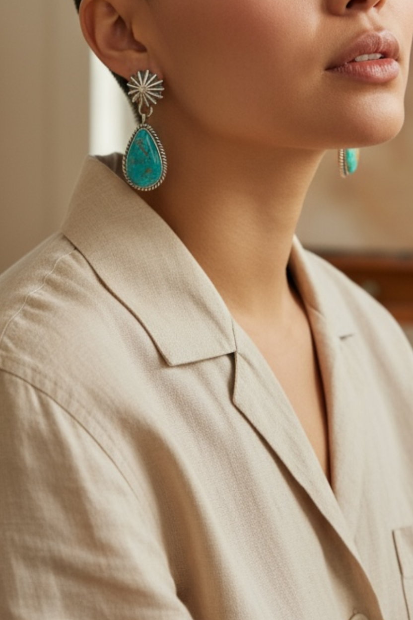 Solitaire - Turquoise and Sterling Silver - Drop Earrings - E. Richards - Handcrafted Native American