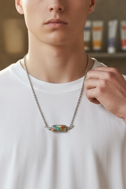 Spiny Oyster Turquoise and Sterling Silver Longhorn Bar Necklace - Handcrafted Native American