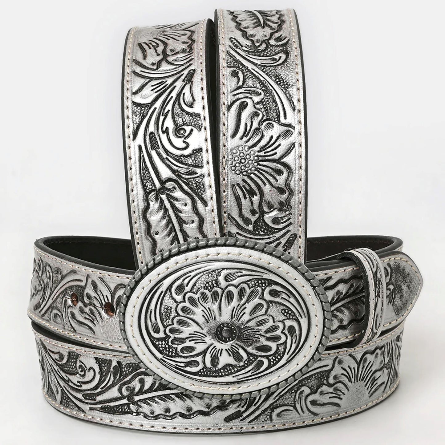 Hand-Tooled Silver Floral Western Leather Belt with Oval Buckle - American Darling