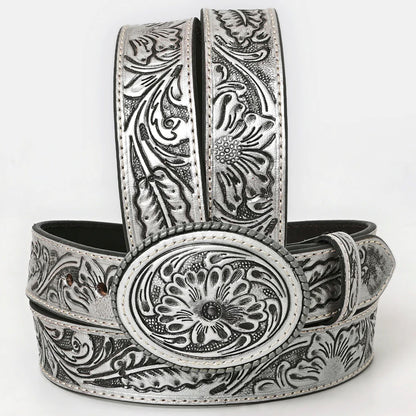 Hand-Tooled Silver Floral Western Leather Belt with Oval Buckle - American Darling