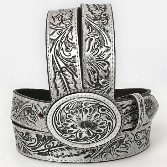 Hand-Tooled Silver Floral Western Leather Belt with Oval Buckle - American Darling