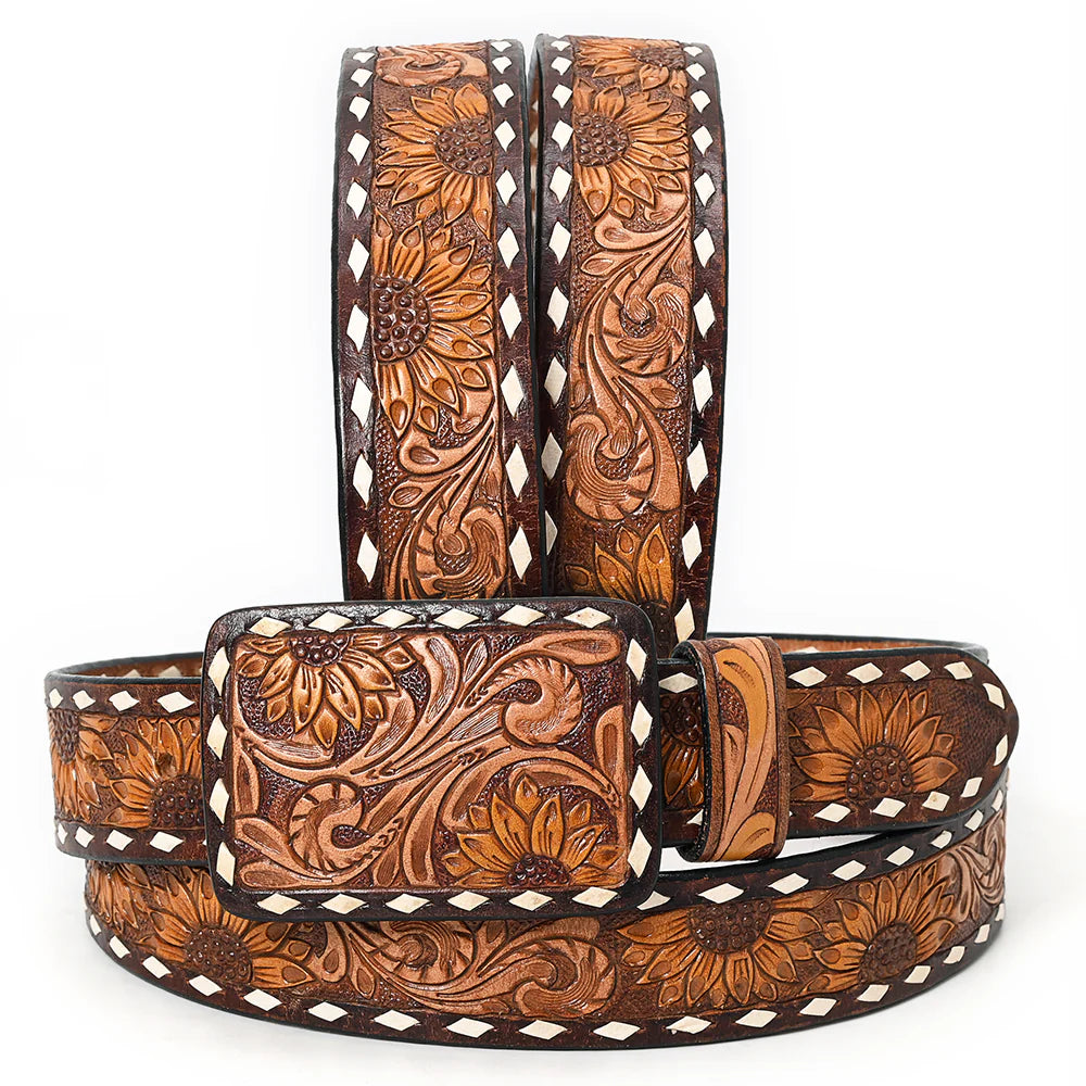American Darling - Hand-tooled Brown Sunflower Floral Leather Belt with Square Buckle