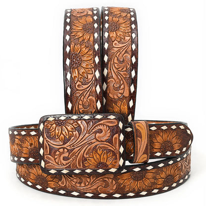 American Darling - Hand-tooled Brown Sunflower Floral Leather Belt with Square Buckle
