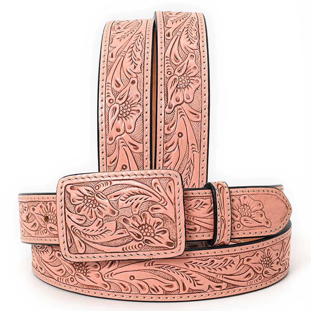 American Darling Hand-Tooled Pink Floral Western Leather Belt with Square Buckle