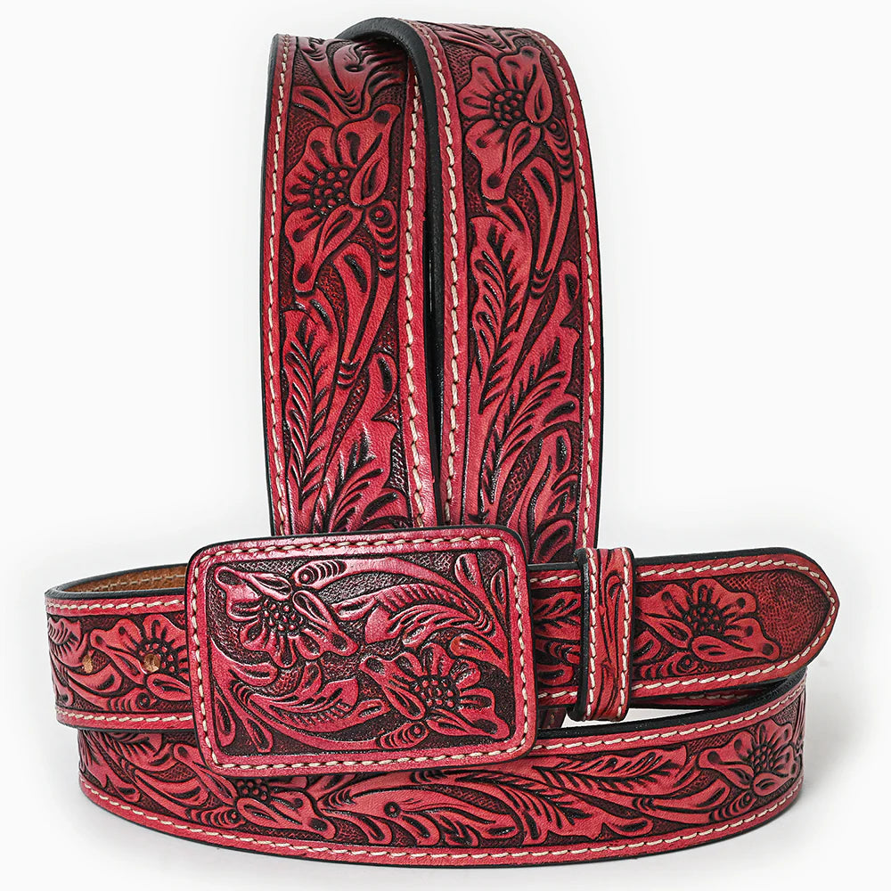 American Darling - Hand-tooled Red Floral Leather Belt with Square Buckle