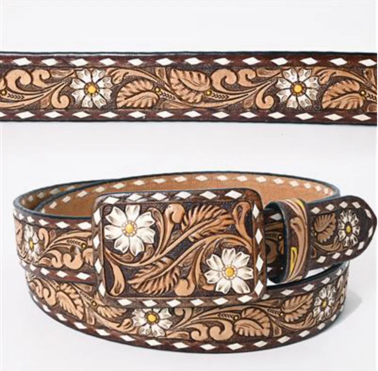 American Darling Hand-Tooled Brown Floral Western Leather Belt with Square Buckle
