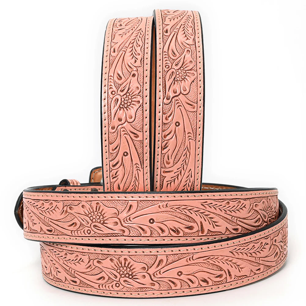 American Darling Hand-Tooled Pink Floral Western Leather Belt with Square Buckle