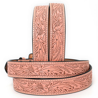 American Darling Hand-Tooled Pink Floral Western Leather Belt with Square Buckle
