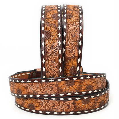 American Darling - Hand-tooled Brown Sunflower Floral Leather Belt with Square Buckle