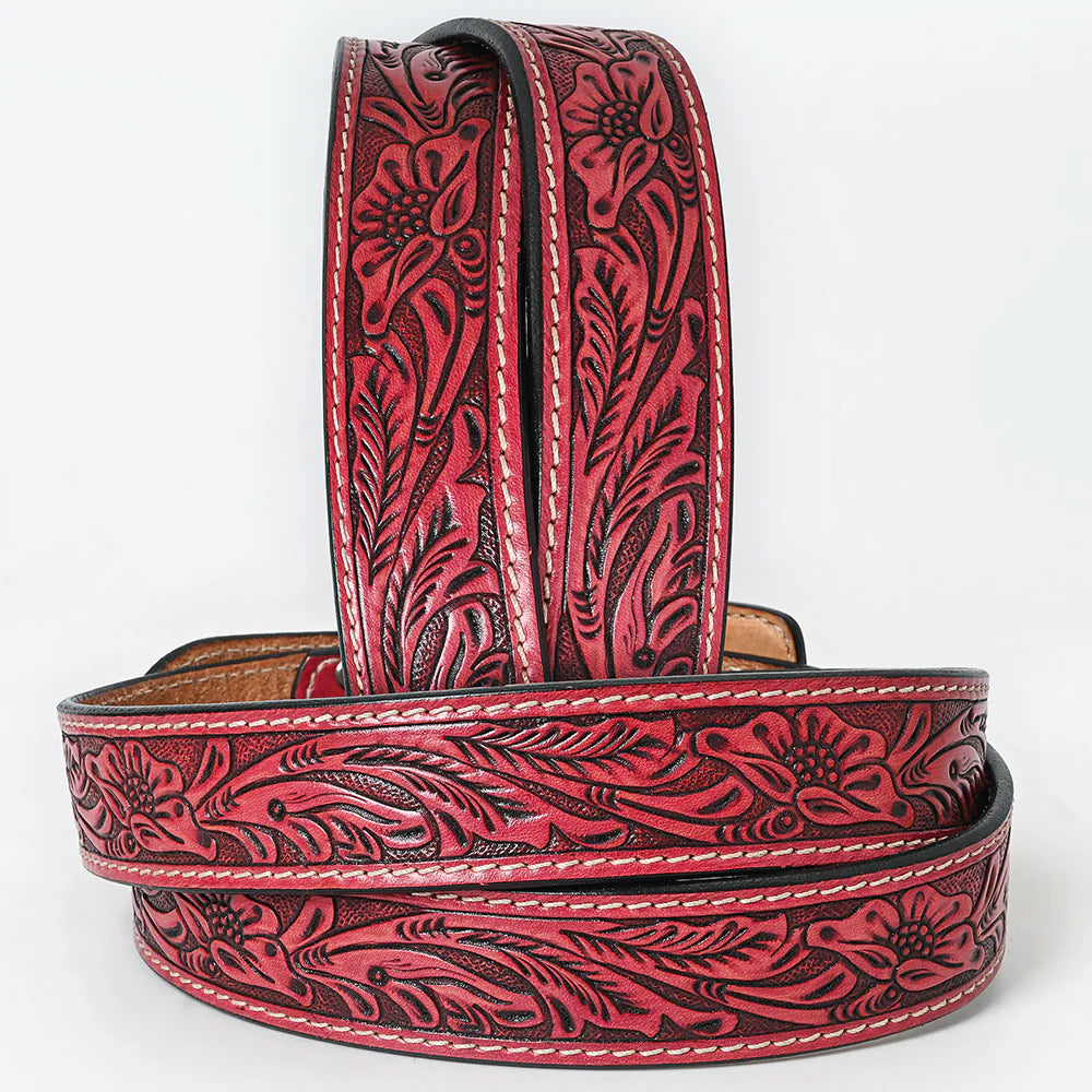 American Darling - Hand-tooled Red Floral Leather Belt with Square Buckle