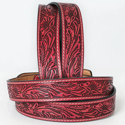 American Darling - Hand-tooled Red Floral Leather Belt with Square Buckle