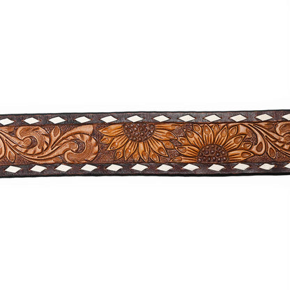 American Darling - Hand-tooled Brown Sunflower Floral Leather Belt with Square Buckle