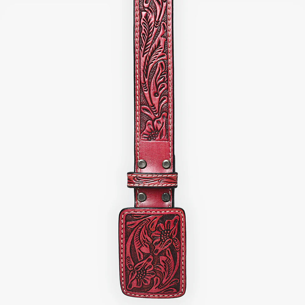 American Darling - Hand-tooled Red Floral Leather Belt with Square Buckle