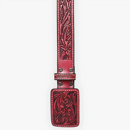 American Darling - Hand-tooled Red Floral Leather Belt with Square Buckle