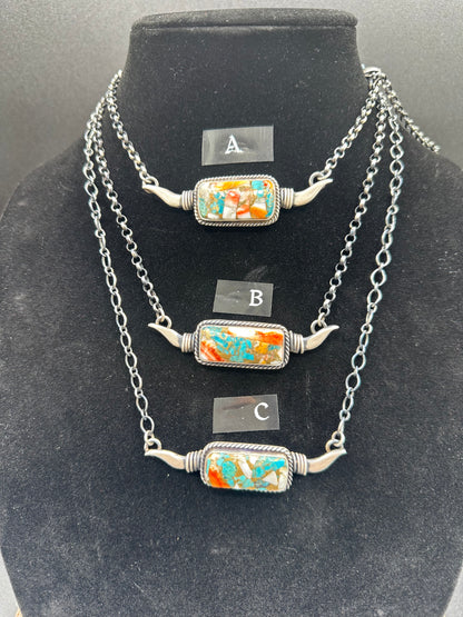 Spiny Oyster Turquoise and Sterling Silver Longhorn Bar Necklace - Handcrafted Native American