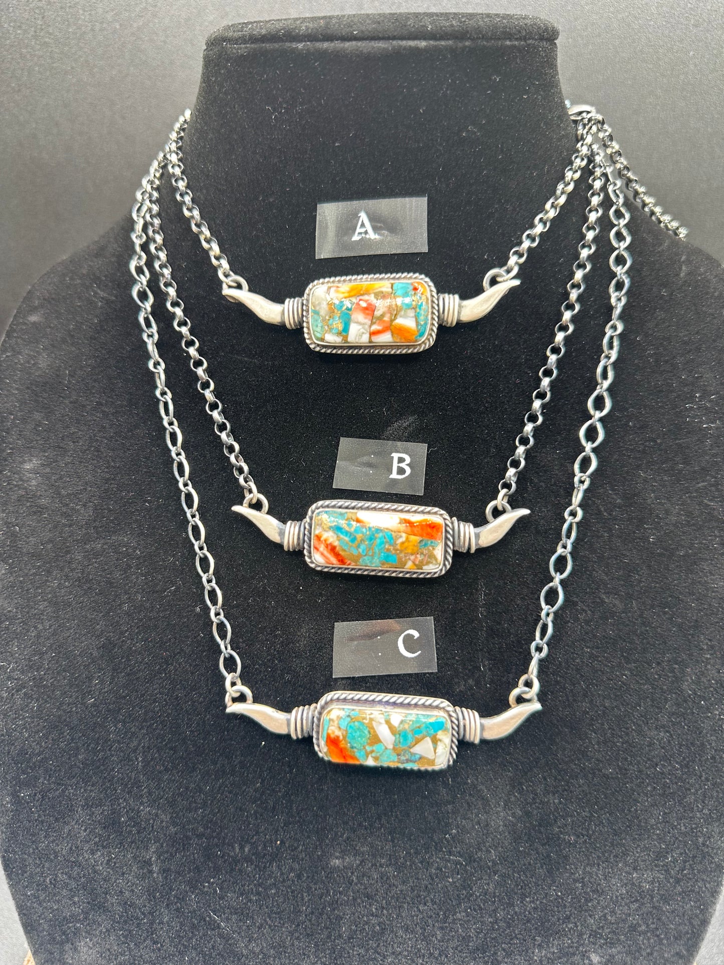 Spiny Oyster Turquoise and Sterling Silver Longhorn Bar Necklace - Handcrafted Native American