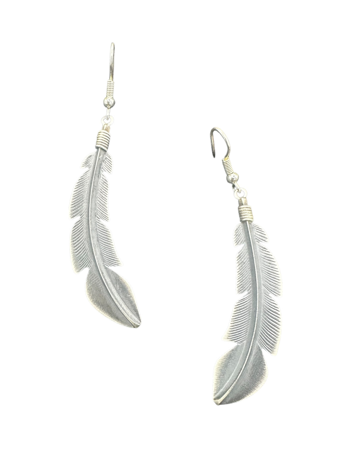 Billy Long Feather Dangle Earrings- Sterling Silver - Handmade Native American