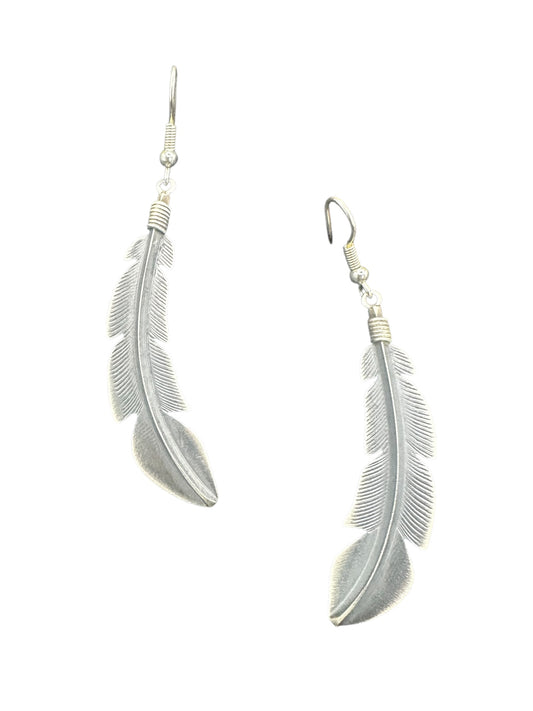 Billy Long Feather Dangle Earrings- Sterling Silver - Handmade Native American