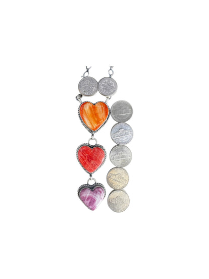 Vicki Hicks - Multi Color Heart Lariat Necklace – Genuine Spiny Oyster and Sterling Silver -  Handmade Native American