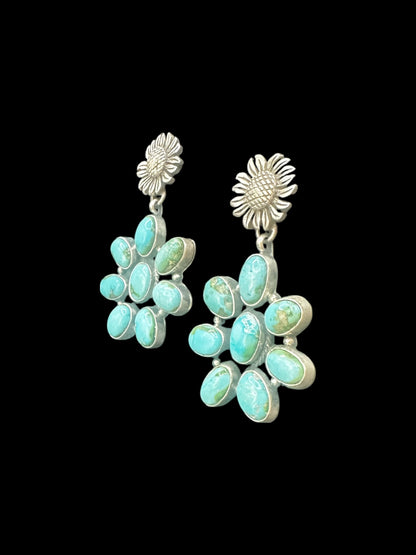 Patricia Yazzie - Large Cluster Drop Earrings – Genuine Sonoran Turquoise and Sterling Silver - Handmade Native American