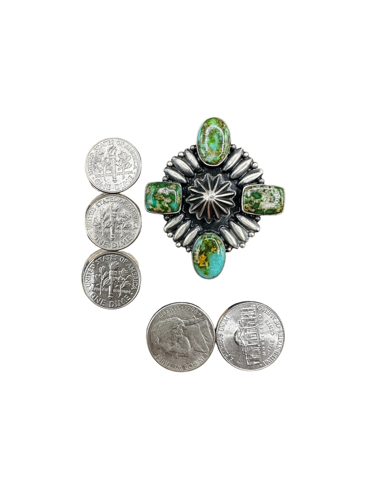 Charles Johnson - Genuine Turquoise and Sterling Silver Adjustable Concho Ring - Handmade Native American