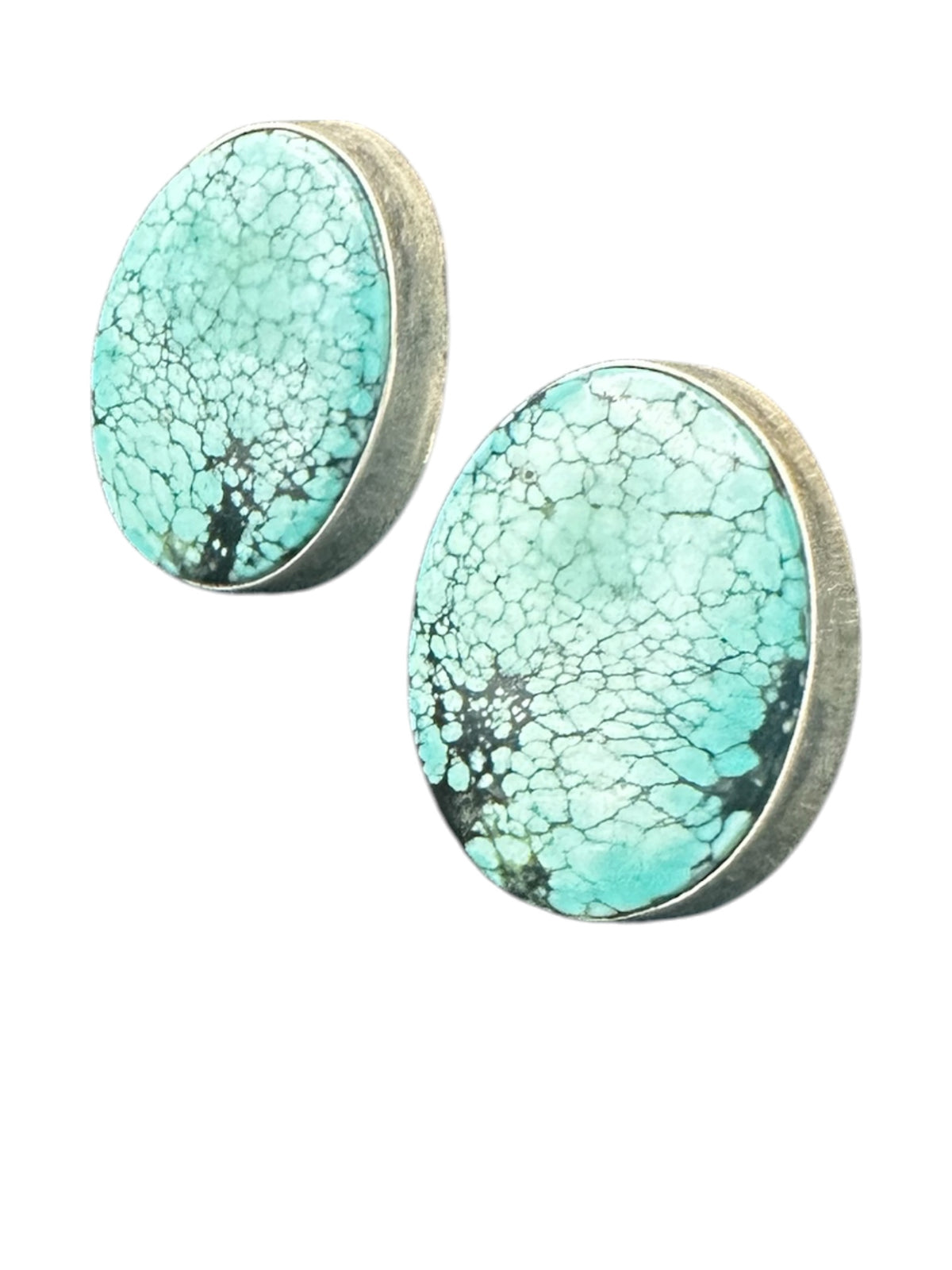 Len Adakai - Oval Cabochon Earrings - Genuine Turquoise Sterling Silver - Handmade Native American