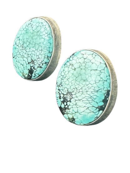Len Adakai - Oval Cabochon Earrings - Genuine Turquoise Sterling Silver - Handmade Native American