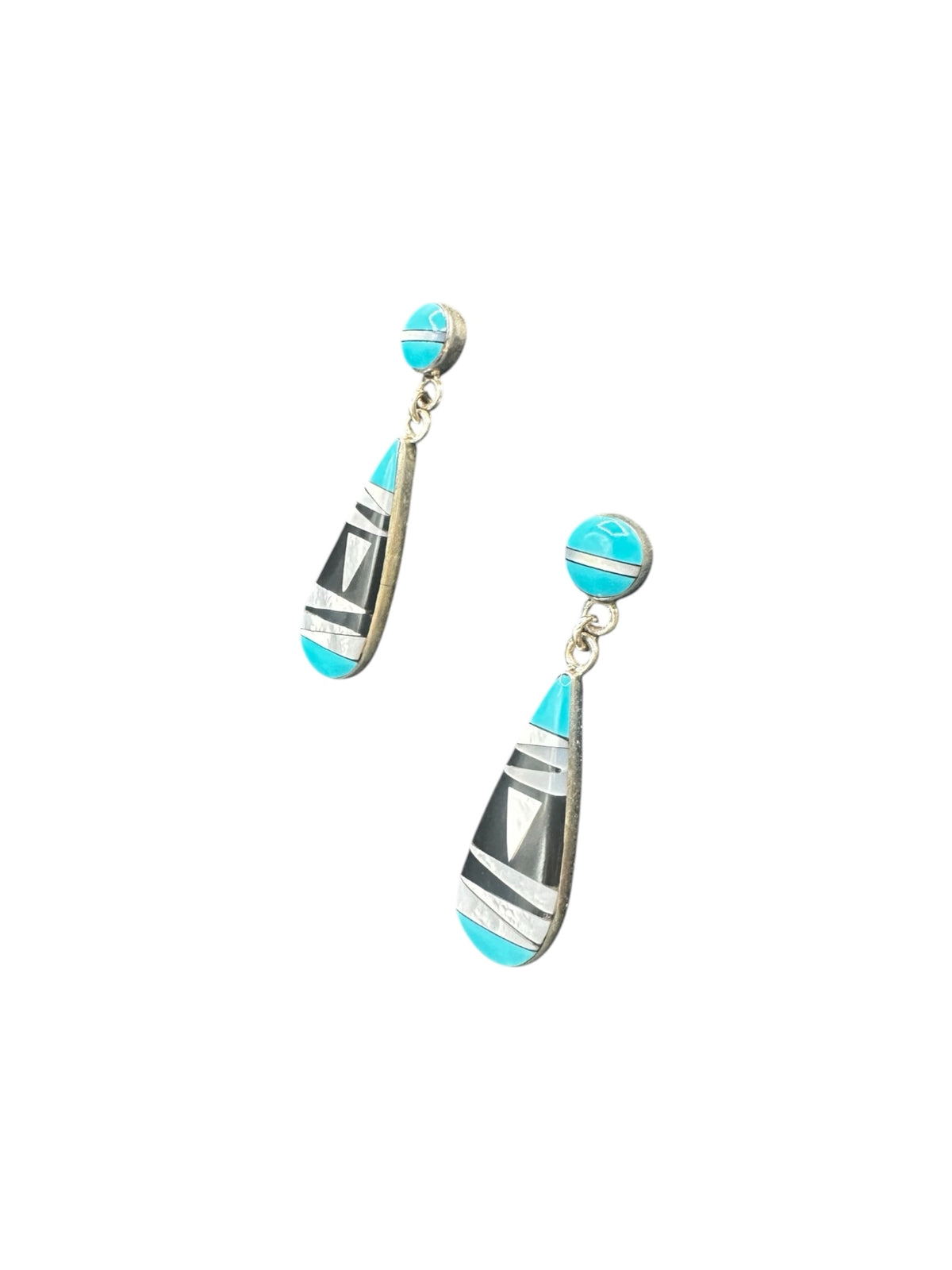 Zuni Inlay Drop Earrings - Sterling Silver, Genuine Turquoise, Mother of Pearl, Black Onyx- Artisan Collection