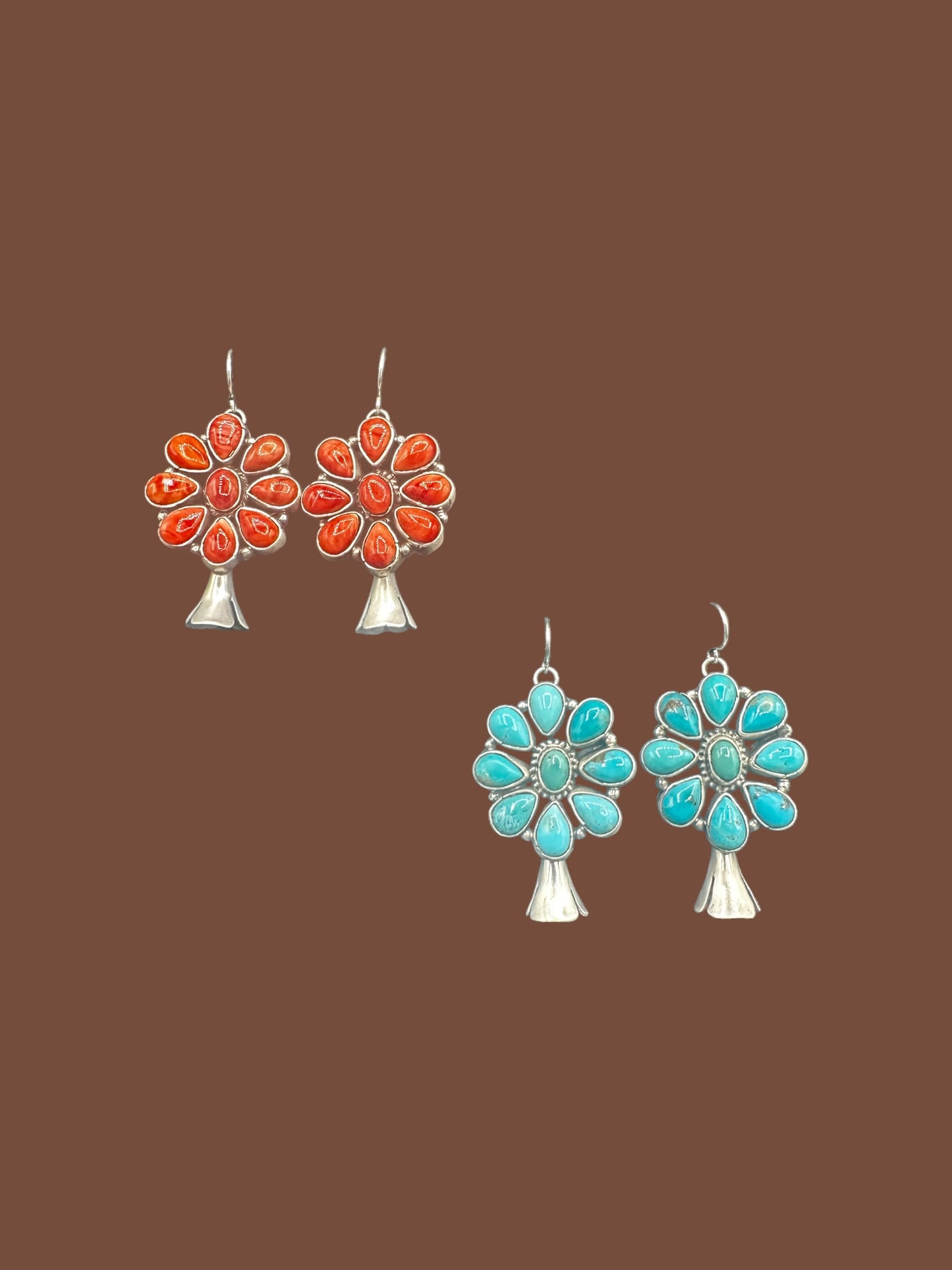 Marcella James - Large Cluster Squash Blossom Hook Dangle Earrings – Sterling Silver & Genuine Gemstones -  Native American Handmade by Marcella James (Copy)