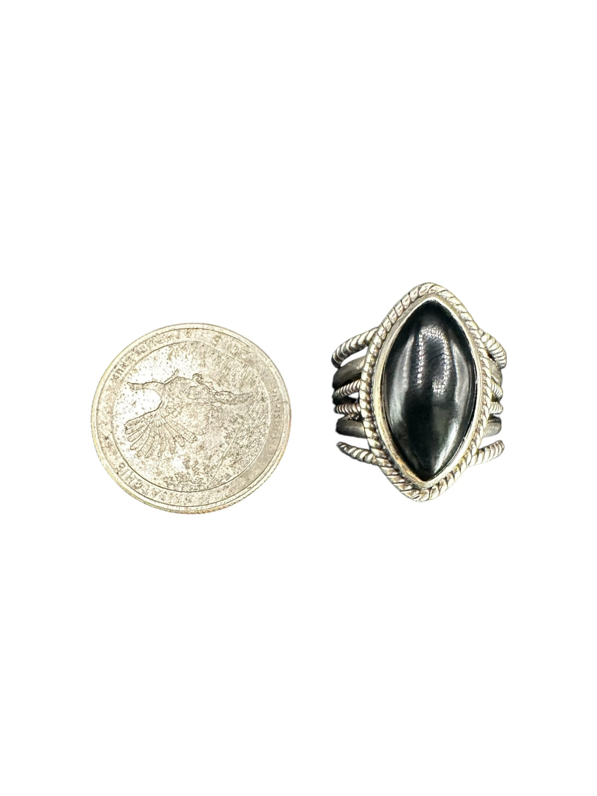 Sterling Silver and Genuine Black Onyx Cabochon Ring - Ready Made