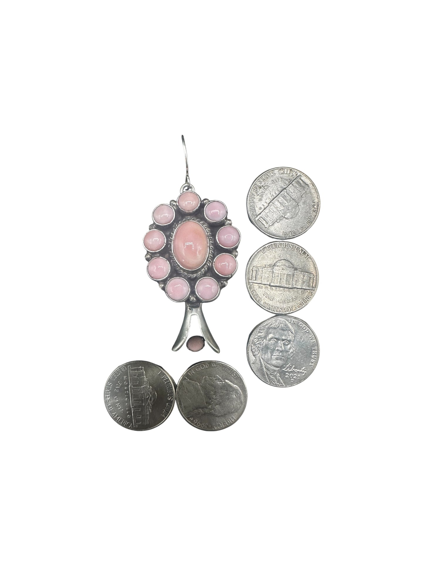 Marcella James - Large Cluster Squash Blossom Hook Dangle Earrings – Sterling Silver & Genuine Pink Conch -  Native American Handmade by Marcella James (Copy) (Copy)