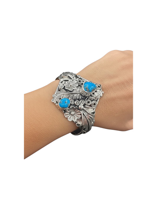 Harrison Yazzie - Genuine Turquoise & Sterling Silver Cuff Bracelet - Handmade Native American