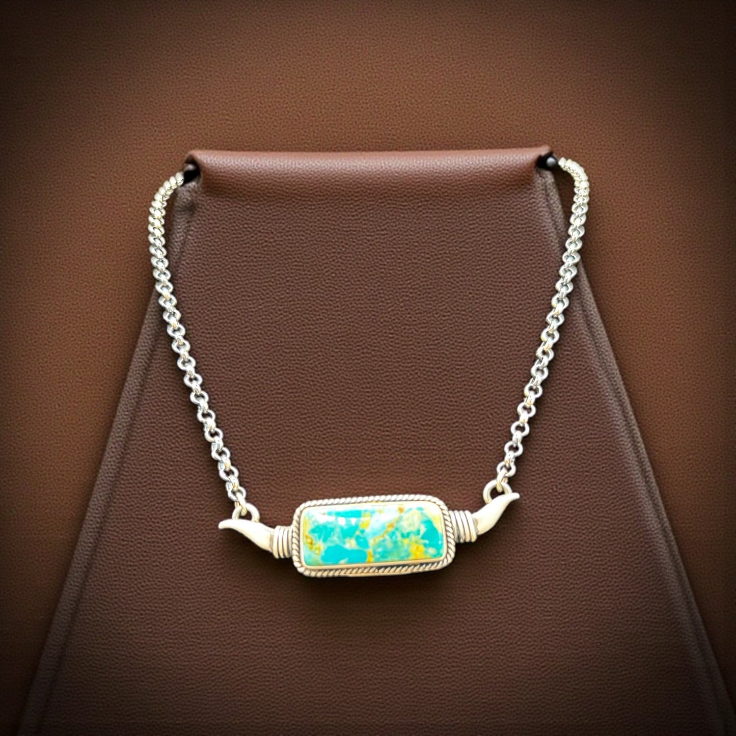 Turquoise and Sterling Silver Longhorn Bar Necklace - Handcrafted Native American