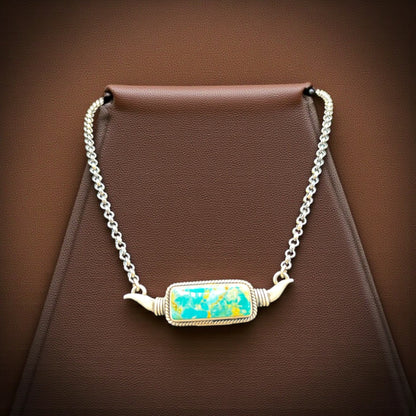 Turquoise and Sterling Silver Longhorn Bar Necklace - Handcrafted Native American