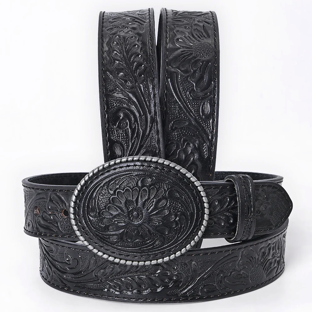 Hand-Tooled Black Floral Western Leather Belt with Oval Buckle - American Darling