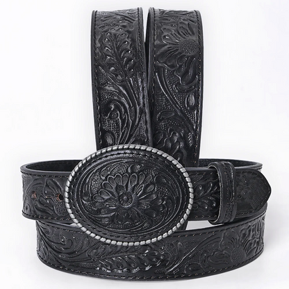 Hand-Tooled Black Floral Western Leather Belt with Oval Buckle - American Darling