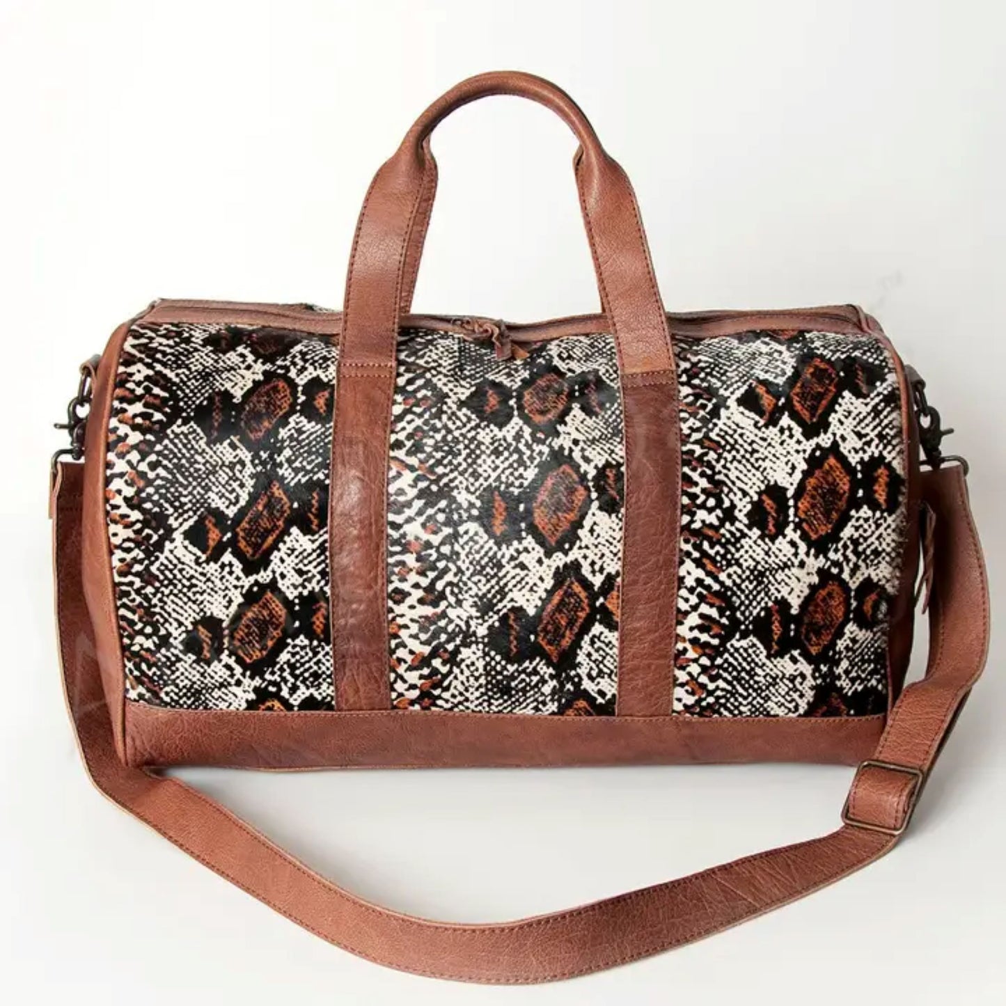 American Darling - Hand-Tooled Western Leather Cowhide Duffel Bag with Snake Print
