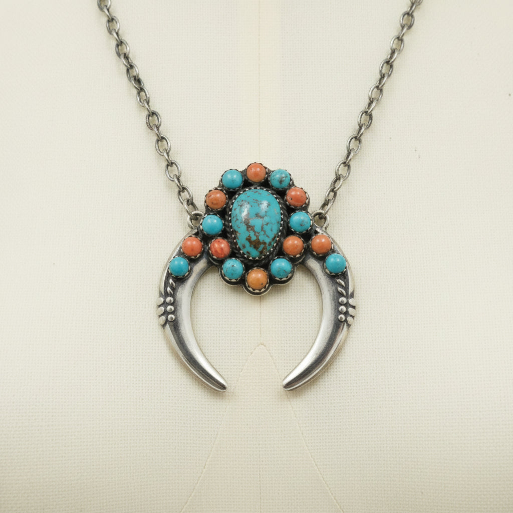 Robert Kelly - Crescent Shaped Pendant & Necklace - Turquoise & Spiny Oyster - Handmade Native American