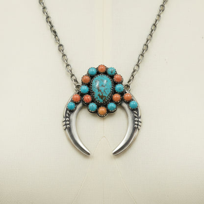 Robert Kelly - Crescent Shaped Pendant & Necklace - Turquoise & Spiny Oyster - Handmade Native American