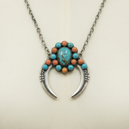 Robert Kelly - Crescent Shaped Pendant & Necklace - Turquoise & Spiny Oyster - Handmade Native American