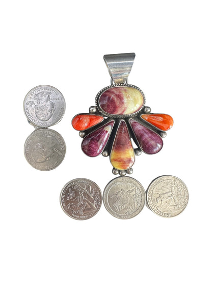 Larry Yazzie - Large Half Cluster Pendant – Genuine Spiny Oyster and Sterling Silver - Handmade Native American