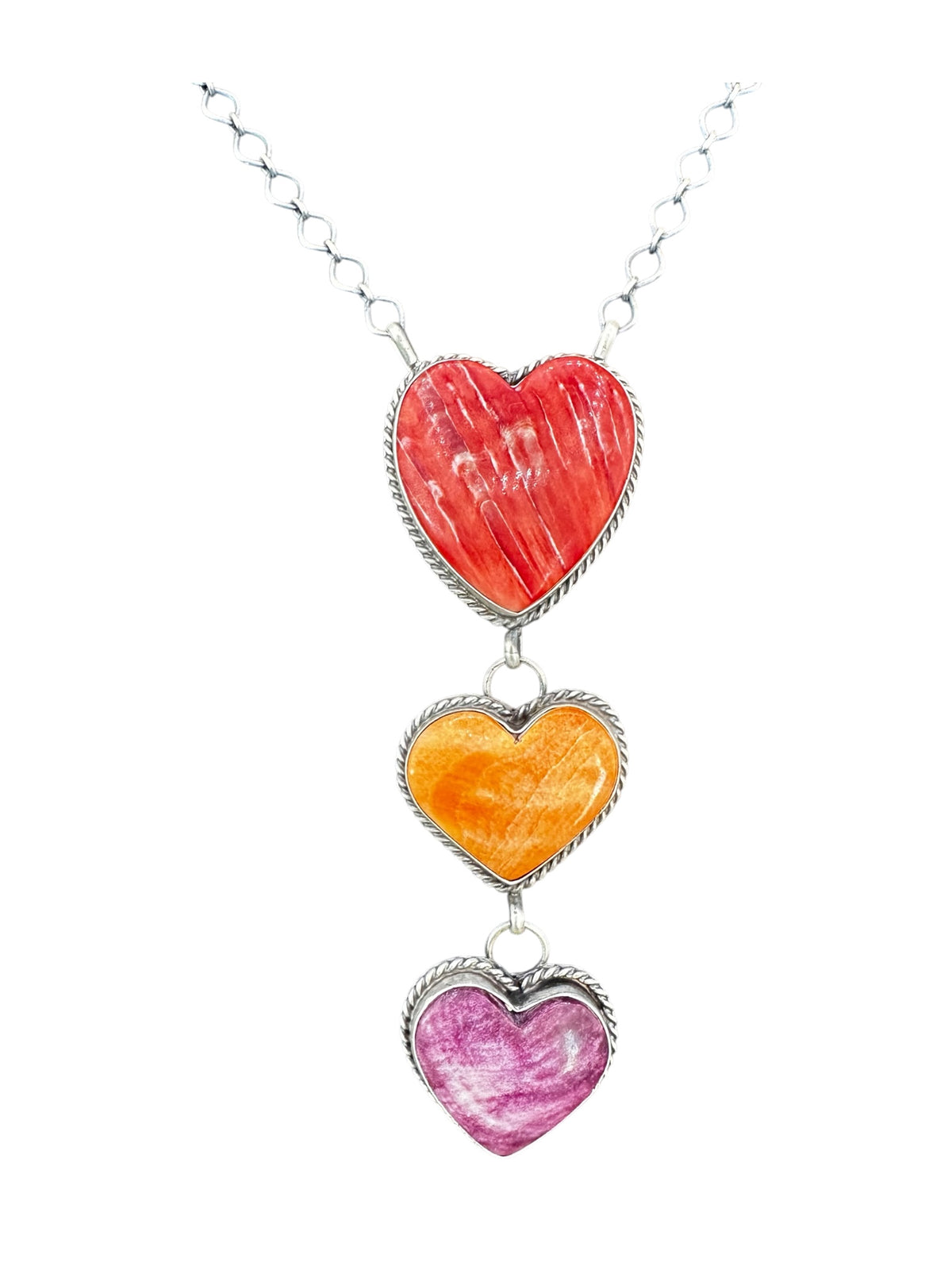 Vicki Hicks - Multi Color Heart Lariat Necklace – Genuine Spiny Oyster and Sterling Silver -  Handmade Native American