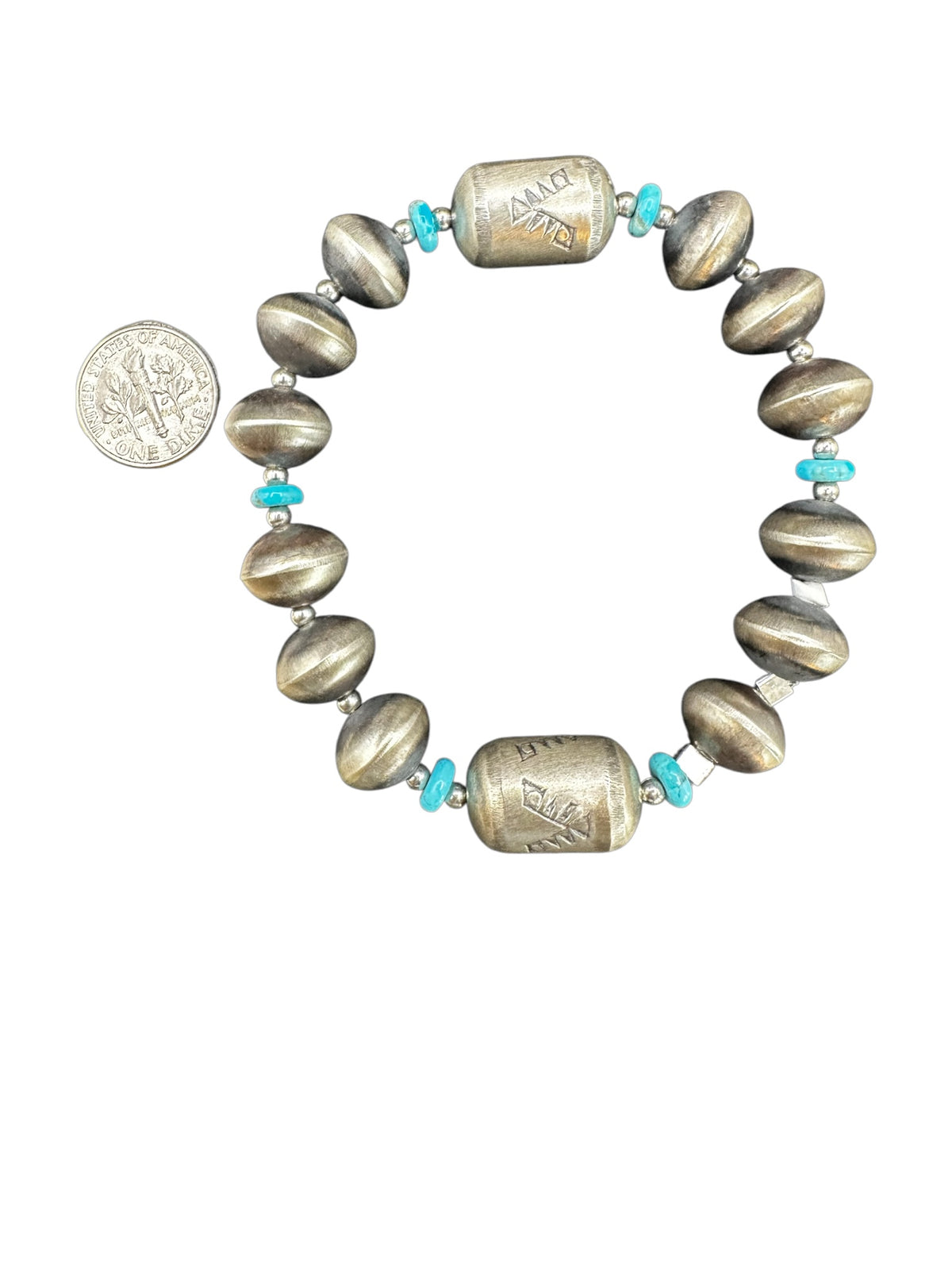 Sharon Cooley - Handmade Pearls & Barrel Bead Stretch Bracelet - Sterling Silver & Turquoise - Handmade Native American
