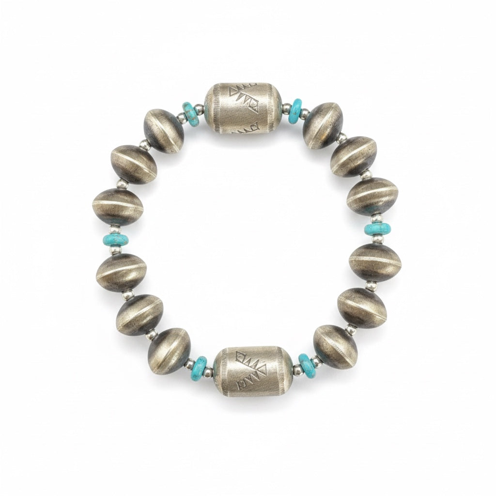 Sharon Cooley - Handmade Pearls & Barrel Bead Stretch Bracelet - Sterling Silver & Turquoise - Handmade Native American