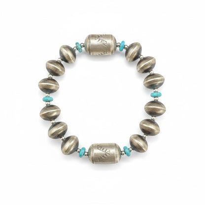 Sharon Cooley - Handmade Pearls & Barrel Bead Stretch Bracelet - Sterling Silver & Turquoise - Handmade Native American