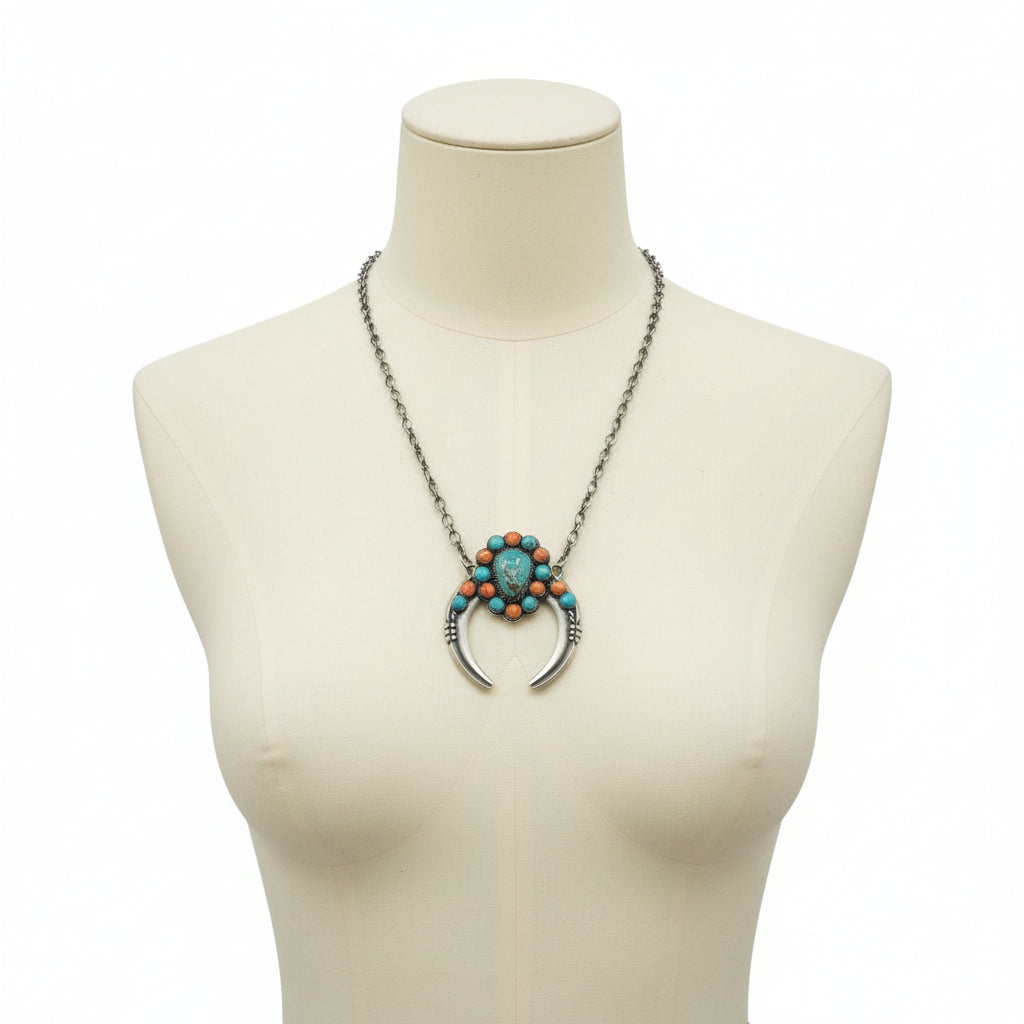 Robert Kelly - Crescent Shaped Pendant & Necklace - Turquoise & Spiny Oyster - Handmade Native American