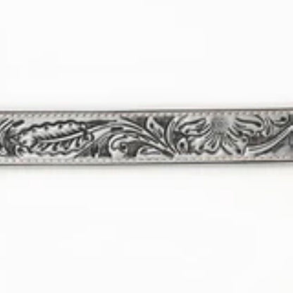 Hand-Tooled Silver Floral Western Leather Belt with Oval Buckle - American Darling